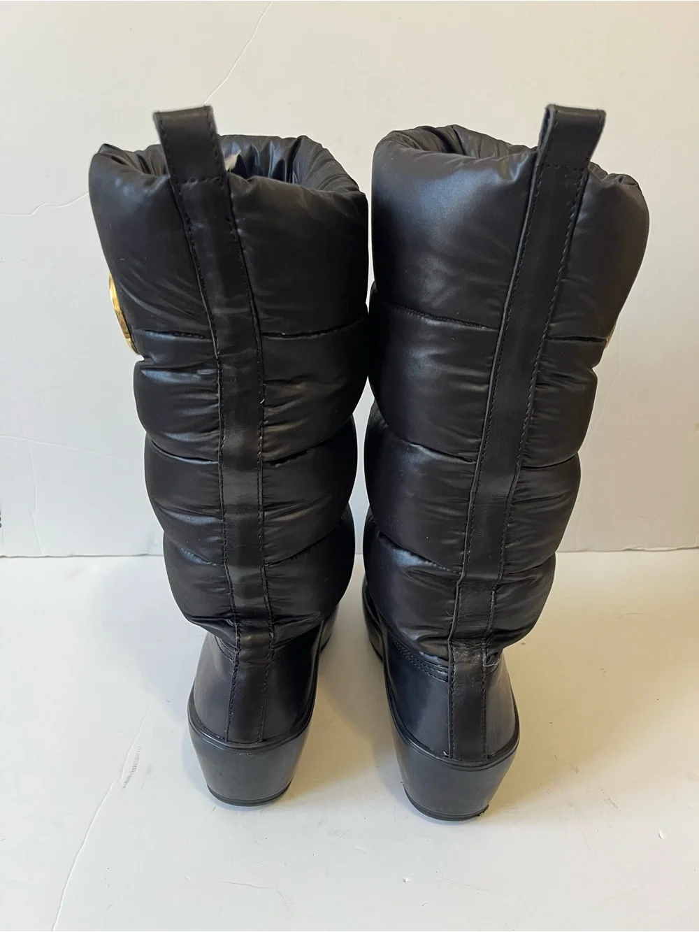 Tory Burch Black Quilted Wedge Puffer Knee Boots with Logo Medallion size 7 - Picture 6 of 8